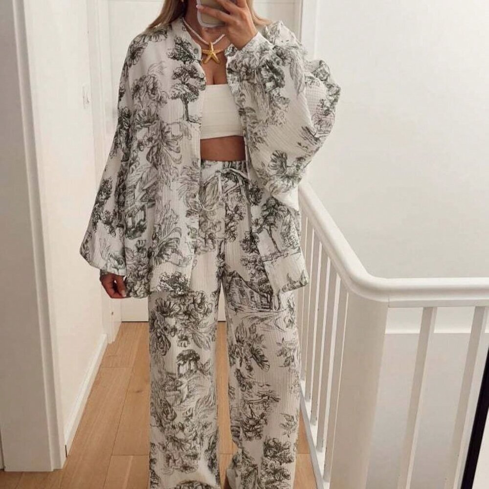 Grey Casual Women's Print Button-Up Pajama Set Sleeve Top & Drawstring Pants